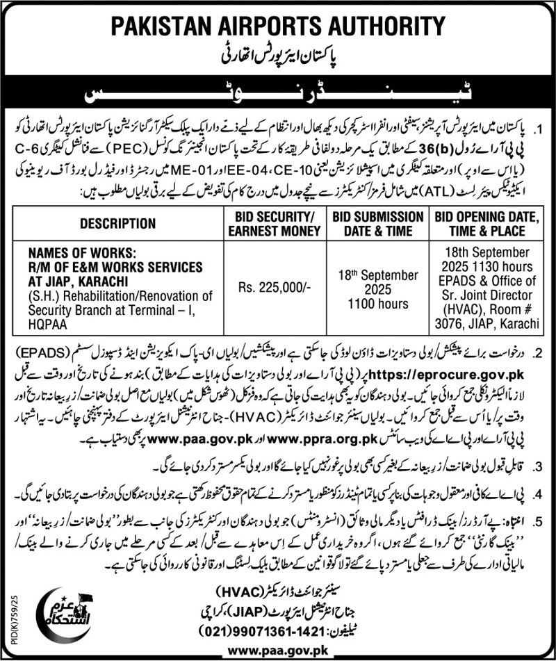 Pakistan Airports Authority Karachi Tender Notice